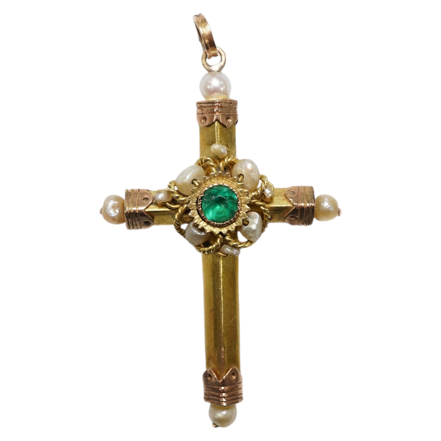 A 19th century Continental gold cross pendant set with an emerald and pearls, 4.5cm, gross 3.6 grams. Condition - good